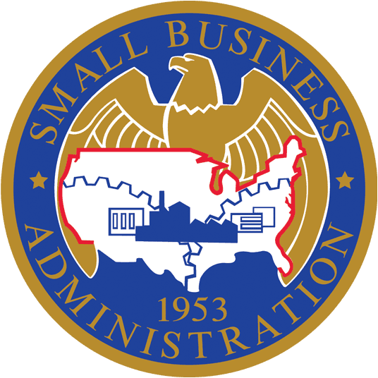 Seal of the Small Business Administration featuring a gold eagle, stylized U.S. map, industrial symbols, and the text “Small Business Administration 1953” on a blue and gold circular background.